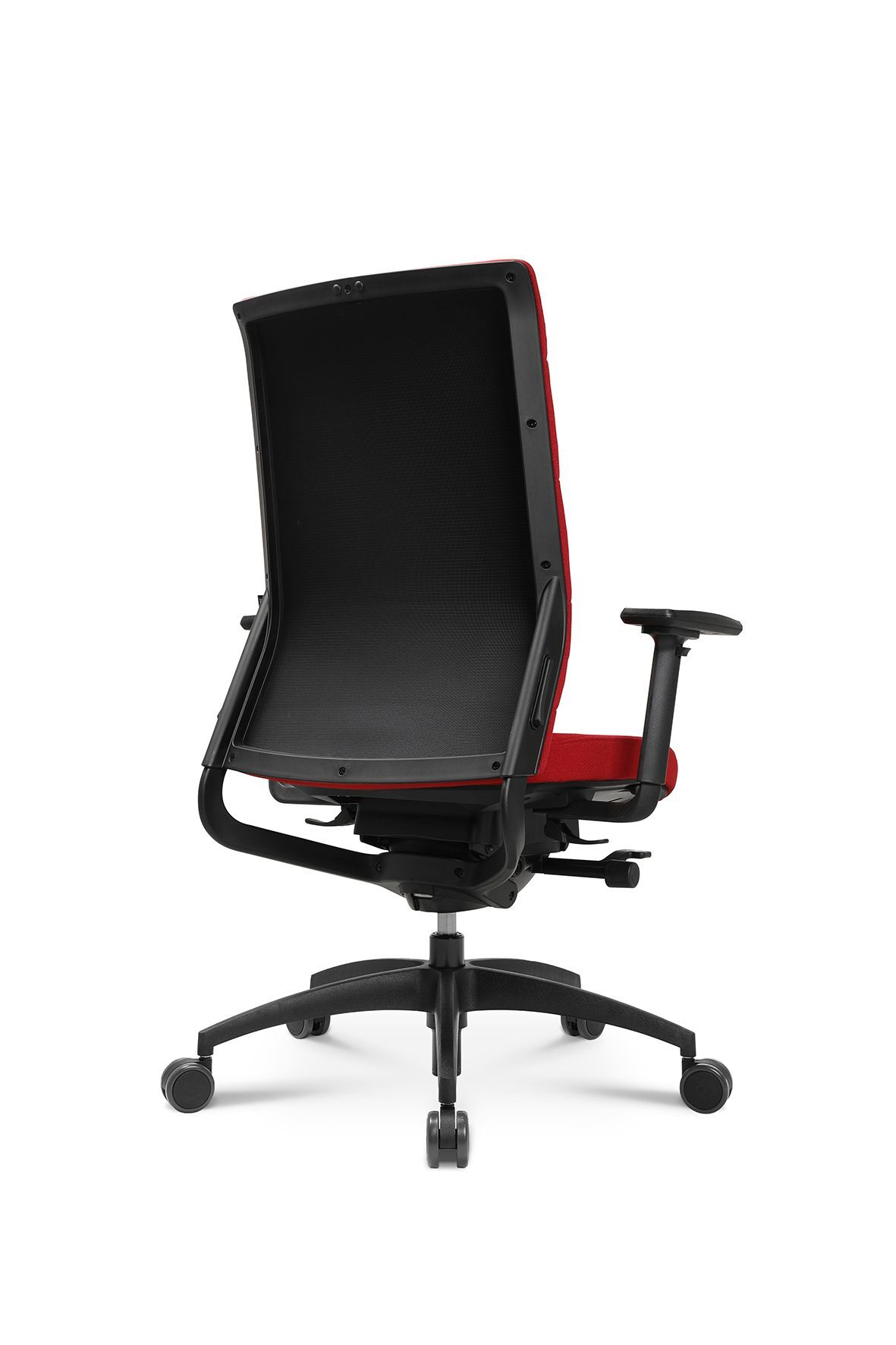 Ergonomischer Bürostuhl mit schwarzer Rückenlehne und rotem Sitz, seitlicher Blick auf Rollenbasis.