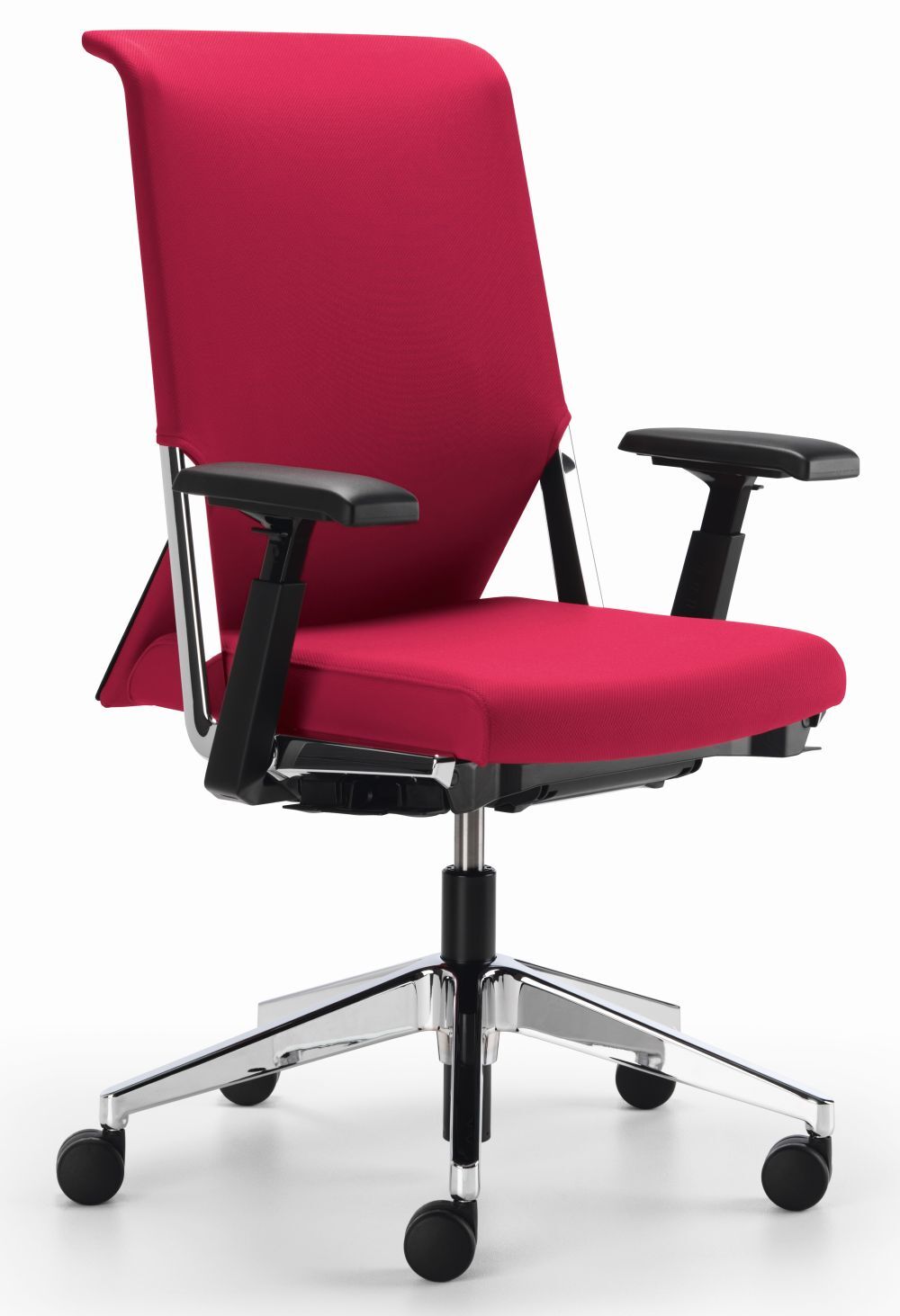 Ergonomischer Bürostuhl in Rot mit verstellbaren Armlehnen und fünf Rollen für dynamisches Sitzen.