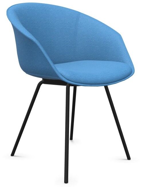 Moderner, blauer ergonomischer Stuhl mit gebogenem Rücken und Metallbeinen, ideal für dynamisches Sitzen.